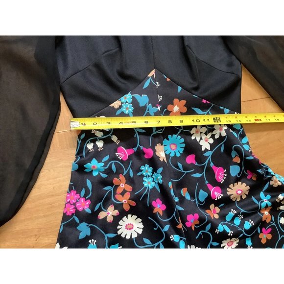 Sears Fashions 1970s Dress Maxi Black Floral Sheer Sleeve High Neck 14 Vintage - Picture 8 of 8